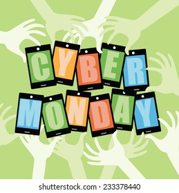 Flat design Cyber Monday hands and smartphones EPS 10 vector