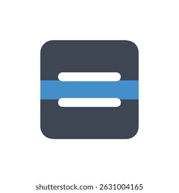 Flat design with dark gray square. Light blue horizontal lines denote the equal sign. Modern, minimalist style, isolated over black backdrop.
