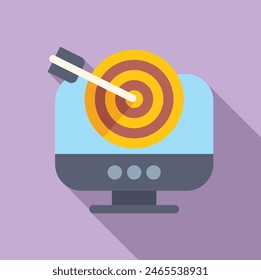 Flat design of dart hitting the center of a target on computer screen, symbolizing online goals