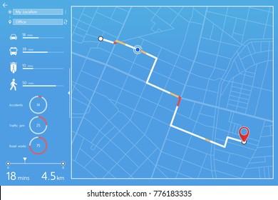 Flat Design Dashboard. Infographic Of Gps Navigation In City Map Ponit A To Point B.vector Illustration