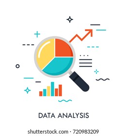 Flat design of data analysis magnifier with pie chart and arrow. Premium quality symbol. Modern style logo vector illustration concept.