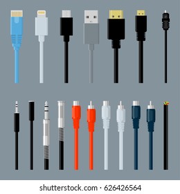 Flat design data, video and audio, usb, hdmi, network data cable connectors  vector design element set