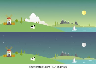 Flat design day and night landscape
