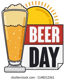 Flat design with a delicious beer served in a pilsner glass to drink in a sunny day during Beer Day celebration.