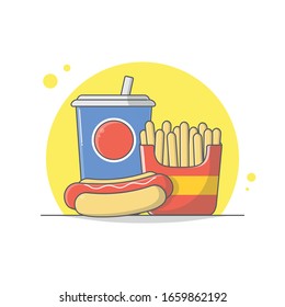 flat design of delicious hot dog with softdrink and french fries.
