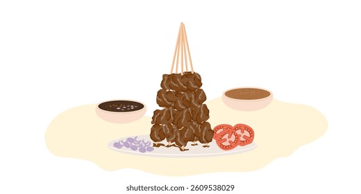 Flat Design Delicious Satay Skewers with peanut sauce and soy sauce, Street Food Illustration
