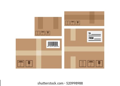 Conjunto de caixas de entrega de design plano, coleção isolada em fundo branco.