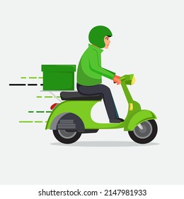 Diseño plano del hombre de entrega con ilustración de vector de motocicleta
