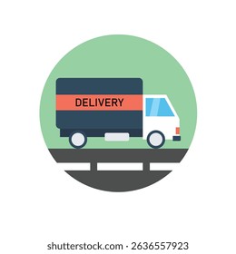 Flat design delivery truck icon driving on a road with a green circular background. Ideal for logistics, shipping, transportation, and business-themed visuals.