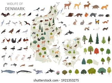 Diseño plano de la fauna de Dinamarca. Animales, aves y elementos constructores de plantas aislados en conjunto blanco. Construya su propia colección de infografías geográficas. Ilustración del vector