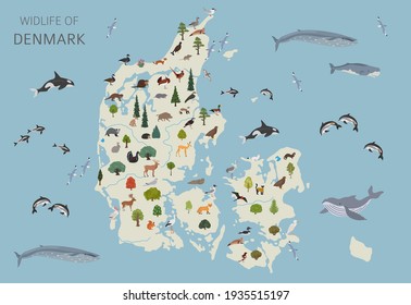 Flat design of Denmark wildlife. Animals, birds and plants constructor elements isolated on white set. Build your own geography infographics collection. Vector illustration