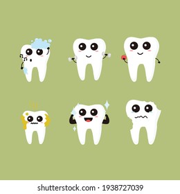 diseño plano con temática dental, mascota dental con forma de odontología y actividades variadas.