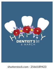  Flat Design Denti's Day Illustration with Teeth and Flowers
