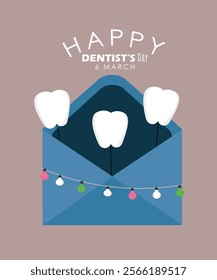 Flat Design Denti's Day Illustration with Teeth at Envelope	