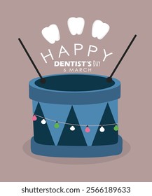 Flat Design Denti's Day Illustration with Teeth and Drum, Decoration	