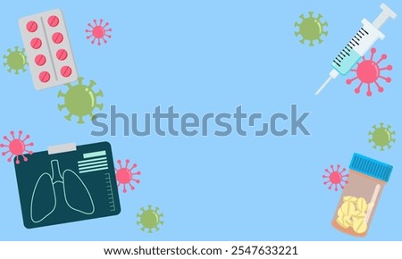 Flat design depicting a syringe, pills, lungs X-ray, and virus symbols on a blue background. Represents healthcare, vaccination, and pandemic-related themes.