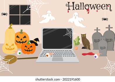 Flat design of desk decoration in Halloween theme. Happy Halloween decoration.