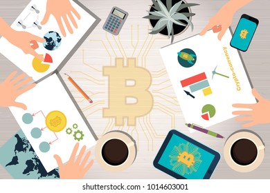 Flat design desk with human hands, smartphones and golden bitcoins and crypto currency. Editable vector illustration