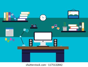 Flat Design Desk and Office work space with Flat minimalist style.