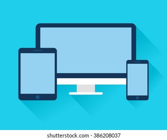 Flat design devices with blank screens. Desktop, tablet, phone with long shadow.