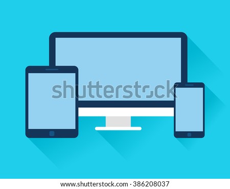 Flat design devices with blank screens. Desktop, tablet, phone with long shadow.