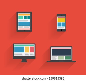 Flat design devices icons with long shadow, phone, smartphone, tablet, computer, connection. Clean and modern style