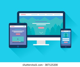 Flat design devices with screenshots. Desktop, tablet, phone with long shadow. Homepage, video, login form.