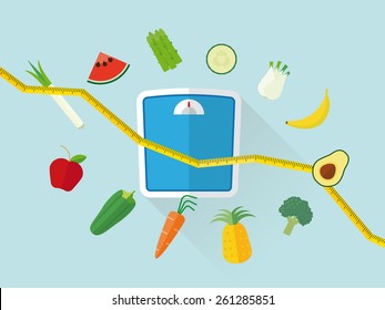 Flat Design Diet Concept. Fresh Fruit And Vegetables Icons Swirling Around Scales And Tape Measure Resembling Declining Line Graph