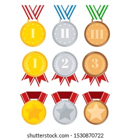 Flat design different medals set isolated on white background: golden, silver, bronze medal with red, stripped, blue, green ribbon, star. Icon sign first, second, third place. Vector illustration.