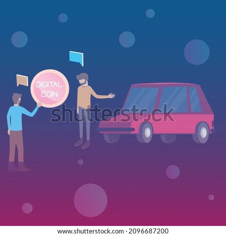 Flat design of digital assets,The young man selling his car in virtual world, meta verse concept - vector illustration
