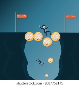 Flat Design Of Digital Asset,Young Man Fell Into The Ravine With Digital Coins Placed Next To The Each Other As A 
Bridge, Deception Concept - Vector Illustration