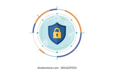 Flat design digital cybersecurity graphic illustration featuring a secure lock shield on concentric circles.