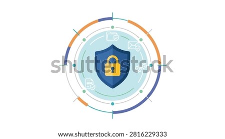 Flat design digital cybersecurity graphic illustration featuring a secure lock shield on concentric circles.
