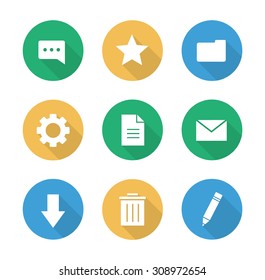 Flat design digital icons set. User interface communication web buttons. Infographic elements. Long shadow silhouette illustrations. Vector graphic isolated symbols. Files folders and chat pictograms