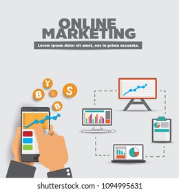 Flat design digital marketing concept.hand hold the smart-phone to make money.business start up concept.