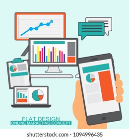 Flat design digital marketing concept.hand hold the smart-phone to make money.business start up concept.