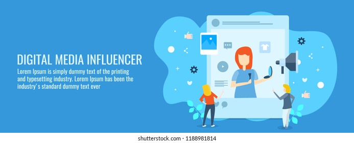 Flat design digital media influencer, people engaged with social media post vector banner with icons and texts