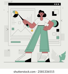 Flat design Digital Strategy illustration concept. A woman is standing in front of a screen with a presentation