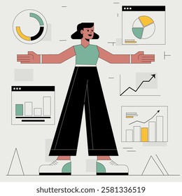 Flat design Digital Strategy illustration concept. A woman is standing in front of a screen with a presentation