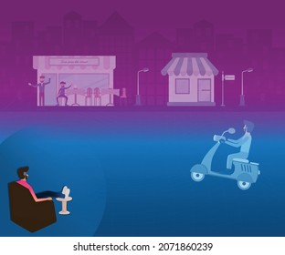 Flat Design Of Digital Technology,A Man Wearing Vr Glass For Meeting His Friends In Virtual World, Metaverse Concept - Vector Illustration