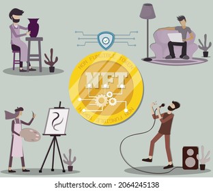 Diseño plano de la tecnología digital, muchas personas crean su trabajo y lo convierten en NFT,concepto criptodivisa - ilustración vectorial