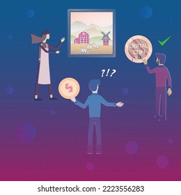 Flat design of digital technology,The artist ignores fiat money but accepts digital currency instead, cryptocurrency trader concept - Vector Illustration