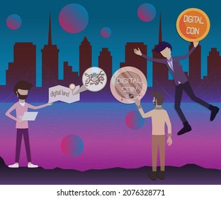 Flat design of digital technology,The businessman with digital coin buy NTF in virtual world, digital asset concept - vector illustration