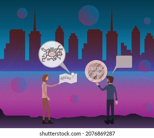Diseño plano de la tecnología digital, el empresario que pide comprar tierras digitales a nuevos propietarios en el mundo virtual, concepto de activos digitales - ilustración vectorial