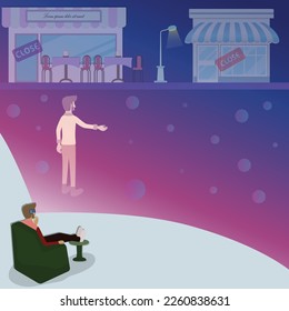Diseño plano de la tecnología digital, el hombre que usa vr glass y mira el edificio vacío en el mundo virtual, concepto de metáfora - ilustración vectorial
