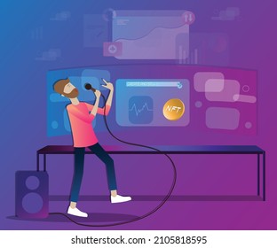 Diseño plano de la tecnología digital, El cantante crea y vende su NFT, concepto de activos digitales - Ilustración vectorial