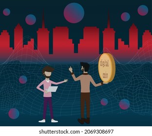 
Flat design of digital technology,Young  businessman deal for purchases the land in virtual world, digital asset concept - vector illustration