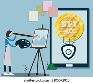 Flat design of digital technology,Young girl creating NTF,digital asset concept - vector illustration