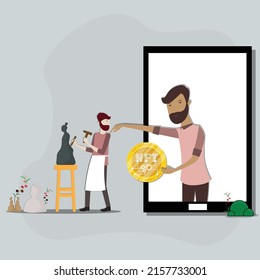 Flat design of digital technology,Young man recommend the artist to create his art for nft,digital asset concept - vector illustration