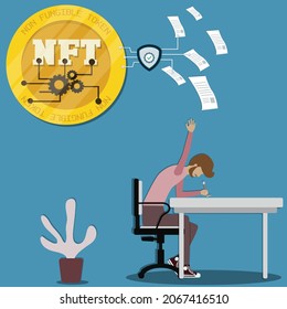 Flat design of digital technology,Young writing his novel on papers and convert them to NFT,cryptocurrency concept - vector illustration